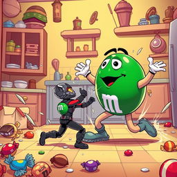 A dynamic and colorful scene showcasing a playful fight between Ant-Man and a giant M&M candy