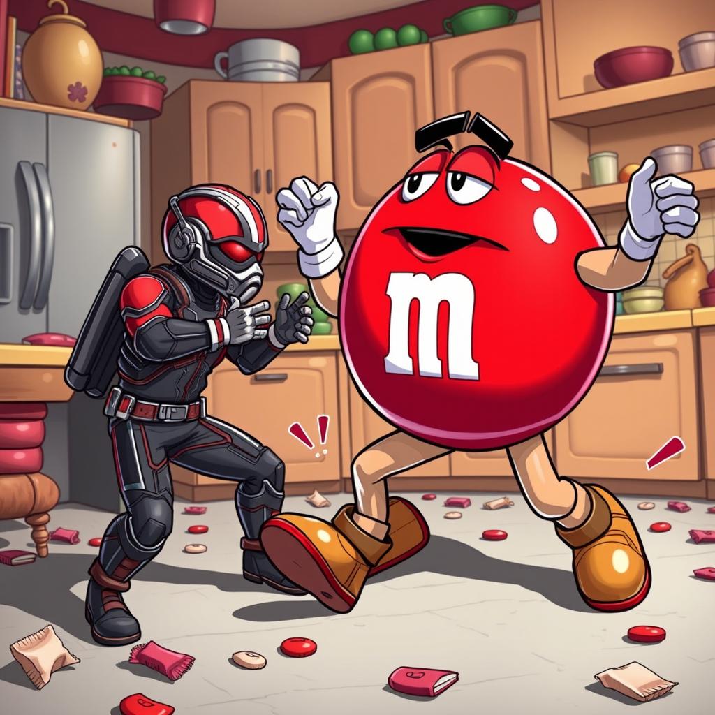 A dynamic and colorful scene showcasing a playful fight between Ant-Man and a giant M&M candy