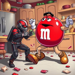 A dynamic and colorful scene showcasing a playful fight between Ant-Man and a giant M&M candy