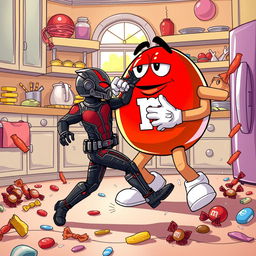 A dynamic and colorful scene showcasing a playful fight between Ant-Man and a giant M&M candy