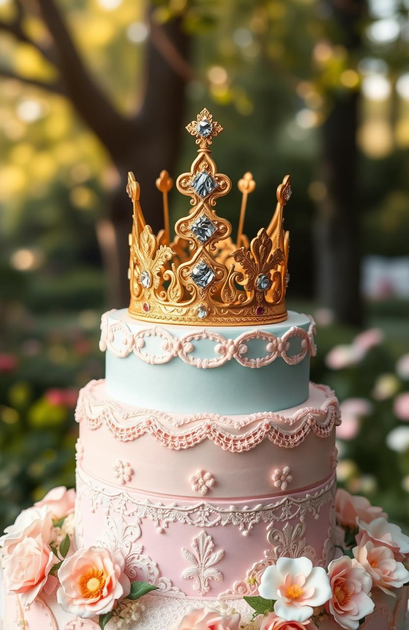 A beautifully designed cake adorned with intricate decorations, featuring a magnificent prince's crown on top