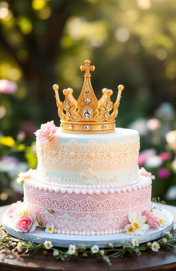 A beautifully designed cake adorned with intricate decorations, featuring a magnificent prince's crown on top