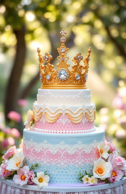 A beautifully designed cake adorned with intricate decorations, featuring a magnificent prince's crown on top