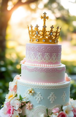 A beautifully designed cake adorned with intricate decorations, featuring a magnificent prince's crown on top