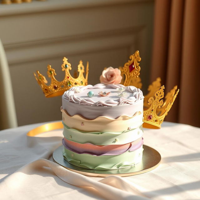 A beautifully crafted scene featuring a delightful cake beside an ornate crown