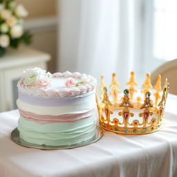 A beautifully crafted scene featuring a delightful cake beside an ornate crown