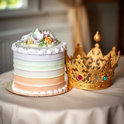 A beautifully crafted scene featuring a delightful cake beside an ornate crown