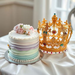 A beautifully crafted scene featuring a delightful cake beside an ornate crown