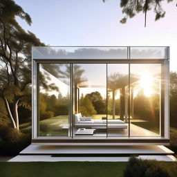 A modern luxury house constructed entirely of glass, boasting sunlight streaming through its transparent walls and intricate architectural details.