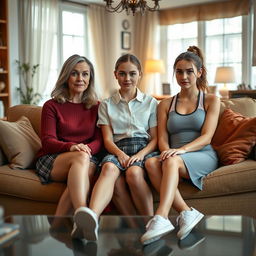 A photo-realistic wide-angle full-body shot of three women sitting together on a couch in a cozy living room