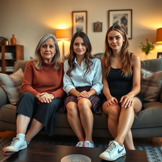 A photo-realistic wide-angle full-body shot of three women sitting together on a couch in a cozy living room