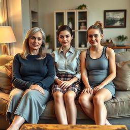 A photo-realistic wide-angle full-body shot of three women sitting together on a couch in a cozy living room