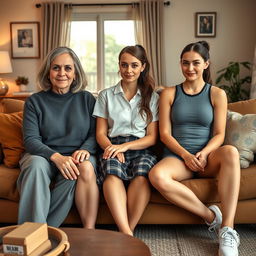 A photo-realistic wide-angle full-body shot of three women sitting together on a couch in a cozy living room