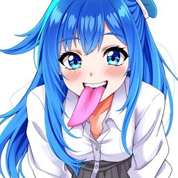 A girl with long, flowing blue hair and mesmerizing blue eyes, displaying a playful grin showing her normal teeth