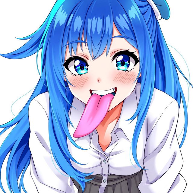 A girl with long, flowing blue hair and mesmerizing blue eyes, displaying a playful grin showing her normal teeth