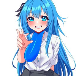 A girl with long, flowing blue hair and mesmerizing blue eyes, displaying a playful grin showing her normal teeth