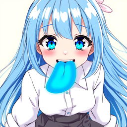 A girl with long, flowing blue hair and mesmerizing blue eyes, displaying a playful grin showing her normal teeth