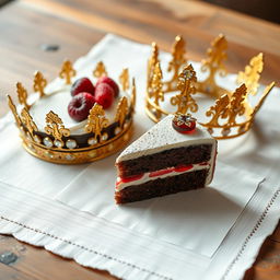 A charming composition featuring a single slice of cake placed elegantly beside a royal crown