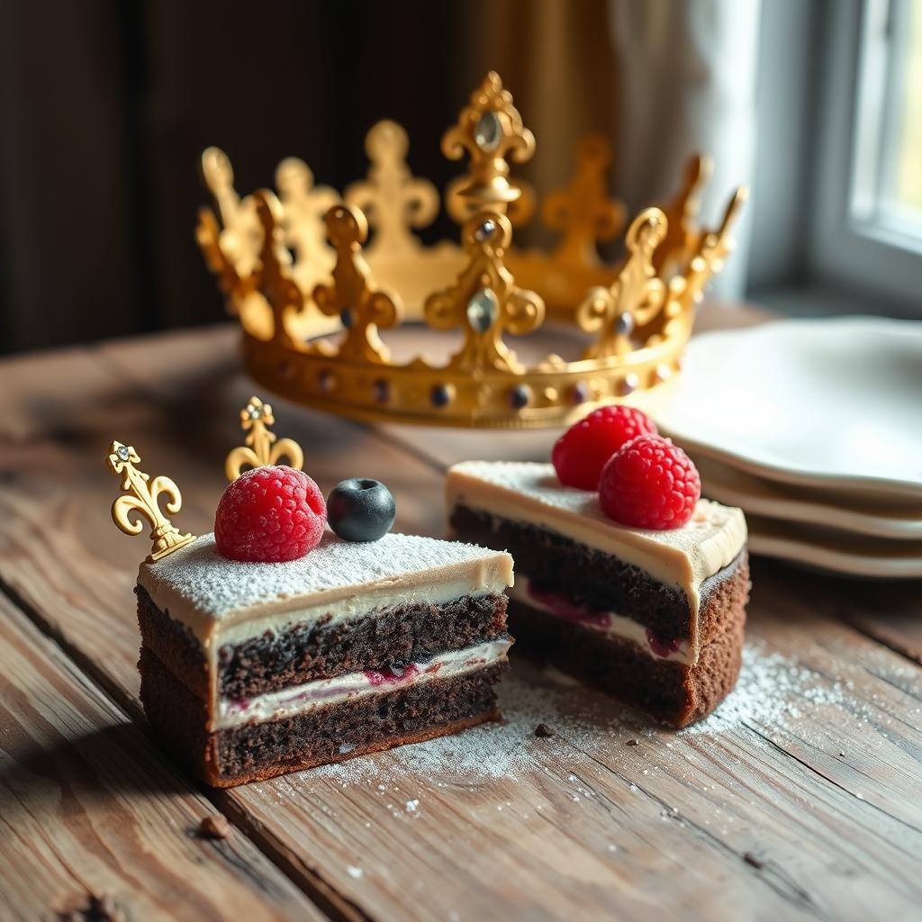 A charming composition featuring a single slice of cake placed elegantly beside a royal crown