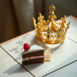 A charming composition featuring a single slice of cake placed elegantly beside a royal crown