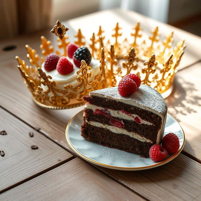 A charming composition featuring a single slice of cake placed elegantly beside a royal crown