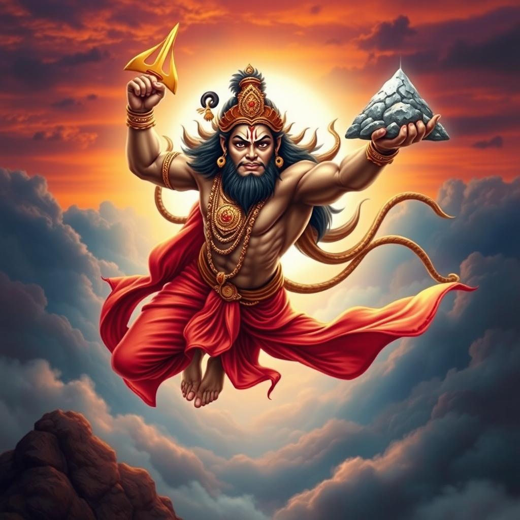 A powerful and majestic depiction of Hanuman, the Hindu monkey god, showcasing his divine form with a muscular body and long tail