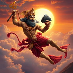 A powerful and majestic depiction of Hanuman, the Hindu monkey god, showcasing his divine form with a muscular body and long tail