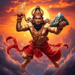 A powerful and majestic depiction of Hanuman, the Hindu monkey god, showcasing his divine form with a muscular body and long tail