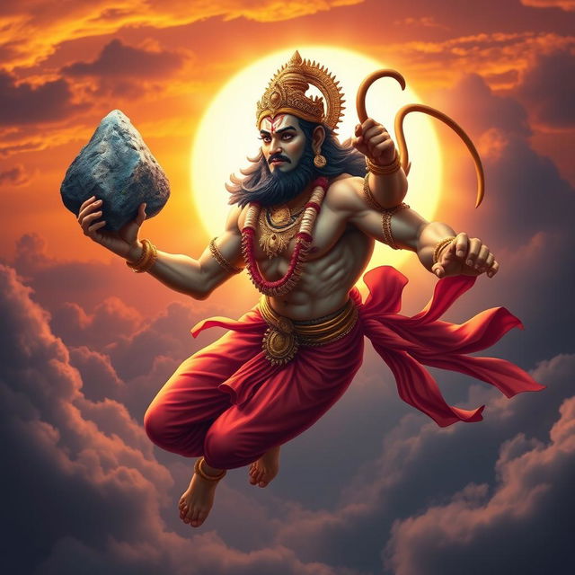 A powerful and majestic depiction of Hanuman, the Hindu monkey god, showcasing his divine form with a muscular body and long tail