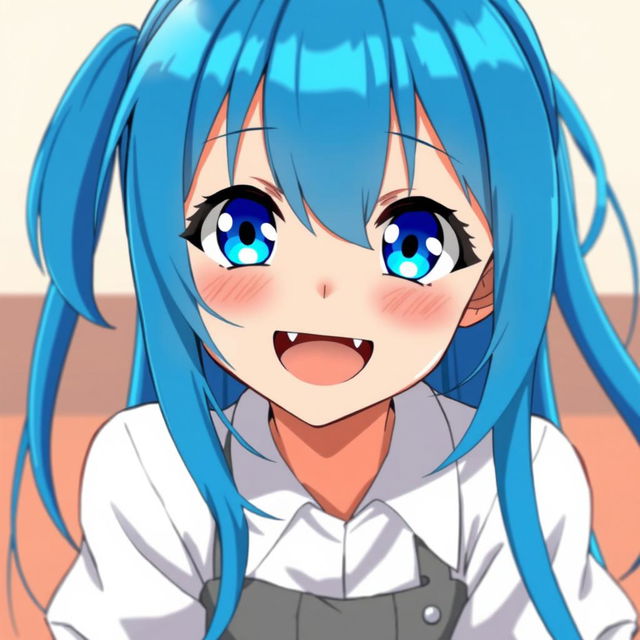 A girl with long blue hair and striking blue eyes who is depicted in a playful and vibrant anime style