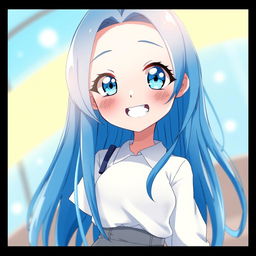 A girl with long blue hair and striking blue eyes who is depicted in a playful and vibrant anime style