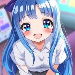 A girl with long blue hair and striking blue eyes who is depicted in a playful and vibrant anime style