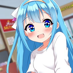 A girl with long blue hair and striking blue eyes who is depicted in a playful and vibrant anime style