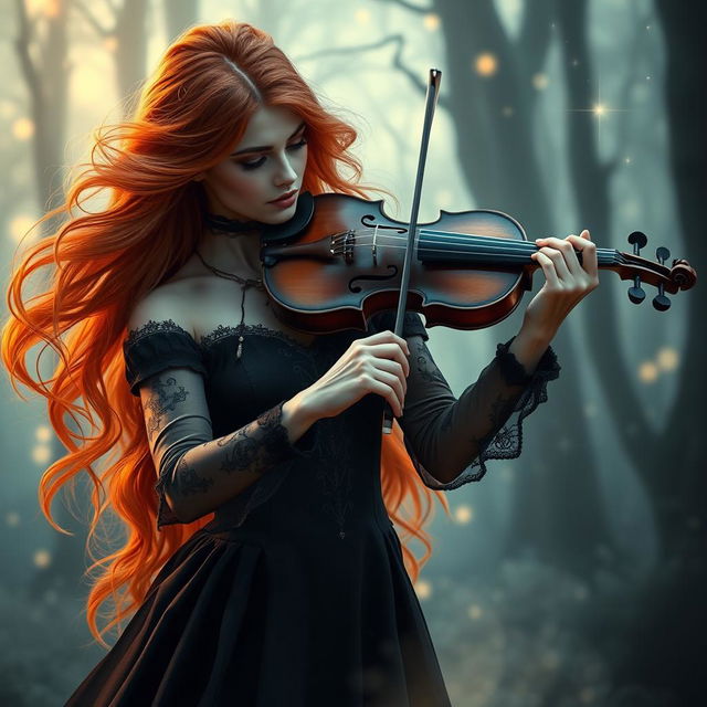 A stunning female witch, or 'bruja', playing a violin with grace and intensity