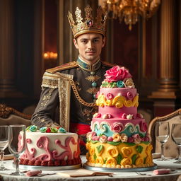 A regal scene depicting a handsome prince wearing a golden crown, standing proudly next to a beautifully decorated cake