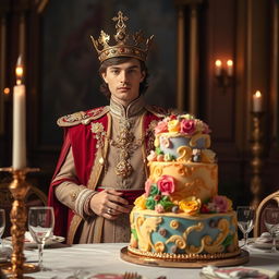 A regal scene depicting a handsome prince wearing a golden crown, standing proudly next to a beautifully decorated cake