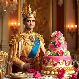 A regal scene depicting a handsome prince wearing a golden crown, standing proudly next to a beautifully decorated cake