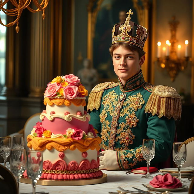 A regal scene depicting a handsome prince wearing a golden crown, standing proudly next to a beautifully decorated cake