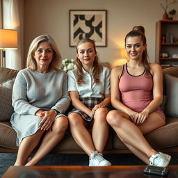 A photo-realistic wide-angle full-body shot of three women sitting together on a couch in a cozy living room