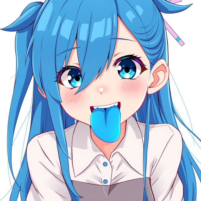 A girl with long, flowing blue hair and bright blue eyes, featuring a cheerful expression with normal teeth in a playful smile