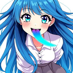A girl with long, flowing blue hair and bright blue eyes, featuring a cheerful expression with normal teeth in a playful smile