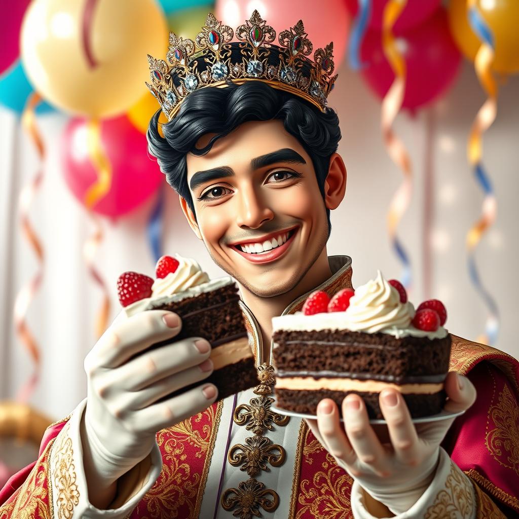 A charming image of a dashing prince wearing a sparkling crown, joyfully holding a slice of cake