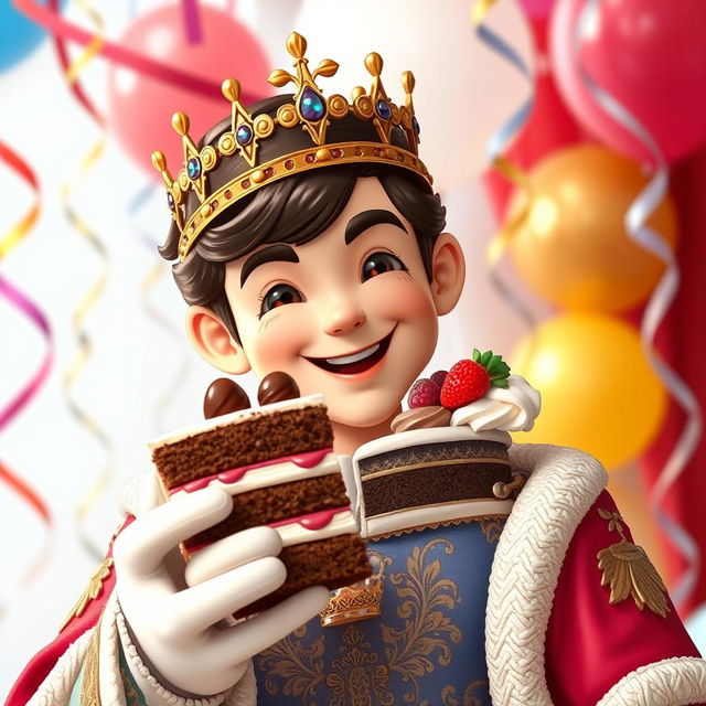 A charming image of a dashing prince wearing a sparkling crown, joyfully holding a slice of cake