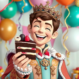 A charming image of a dashing prince wearing a sparkling crown, joyfully holding a slice of cake