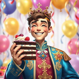 A charming image of a dashing prince wearing a sparkling crown, joyfully holding a slice of cake