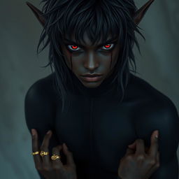 An 18-year-old male with elven ears and long, tousled hair, dark skin tone, and deep black sclera with blood-red irises