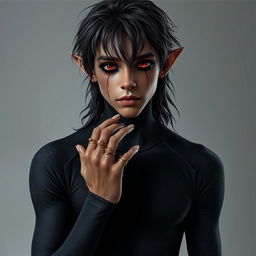 An 18-year-old male with elven ears and long, tousled hair, dark skin tone, and deep black sclera with blood-red irises