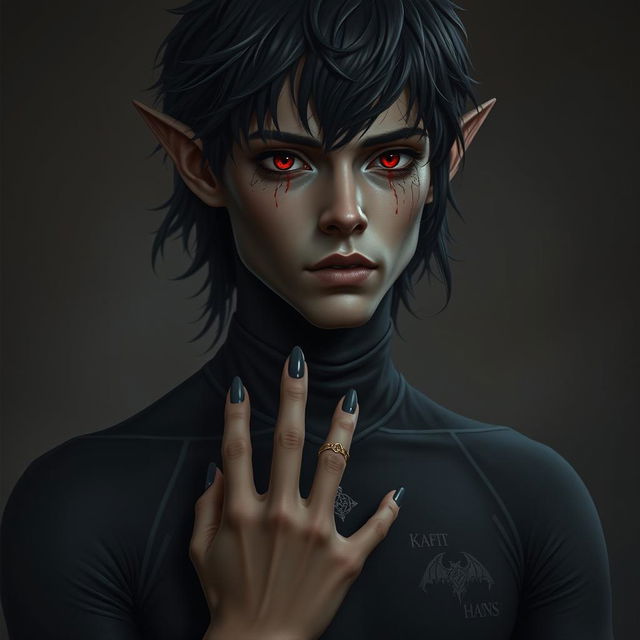 An 18-year-old male with elven ears and long, tousled hair, dark skin tone, and deep black sclera with blood-red irises