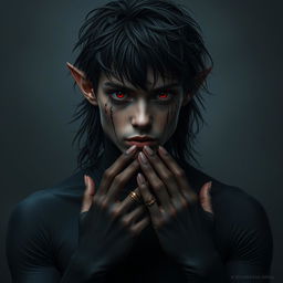 An 18-year-old male with elven ears and long, tousled hair, dark skin tone, and deep black sclera with blood-red irises