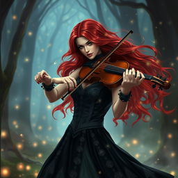 A stunning female witch, or 'bruja', with long, flowing red hair playing a violin with great passion